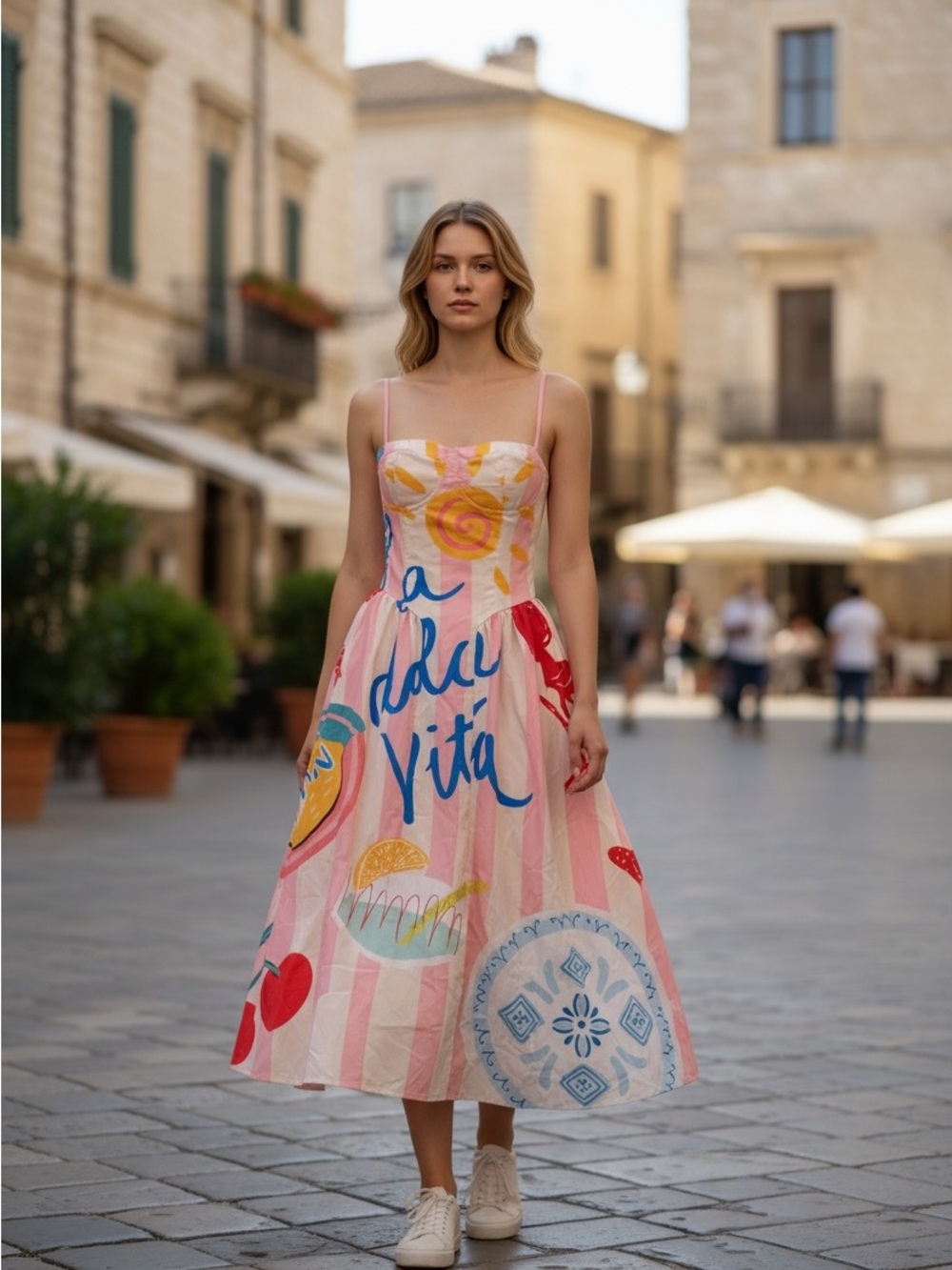 Sleeveless Pink Striped Midi Dress with Colorful Graphic Print